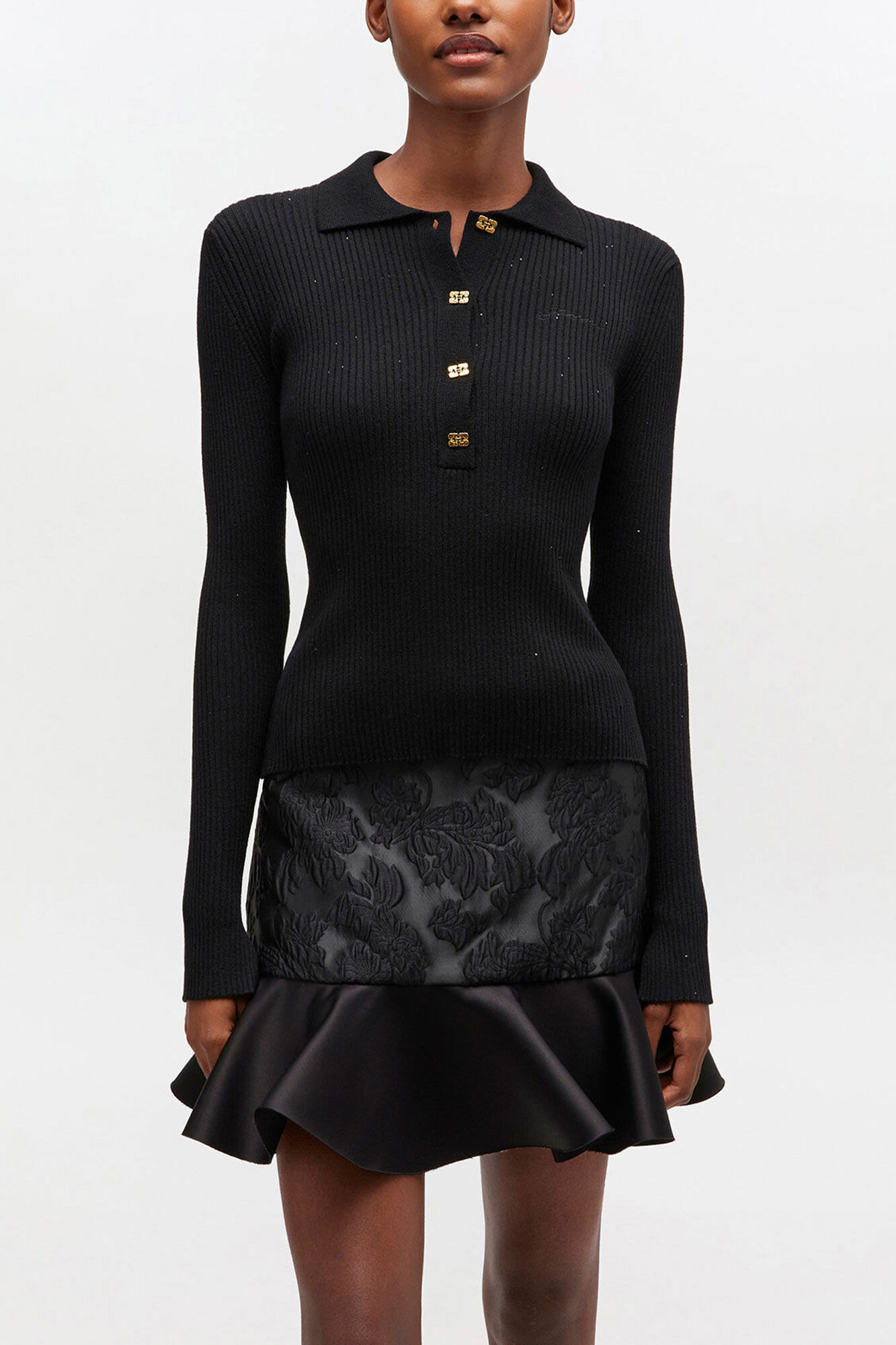 Fine Sequin Knitted Polo, Wool, in colour Black - 1 - GANNI