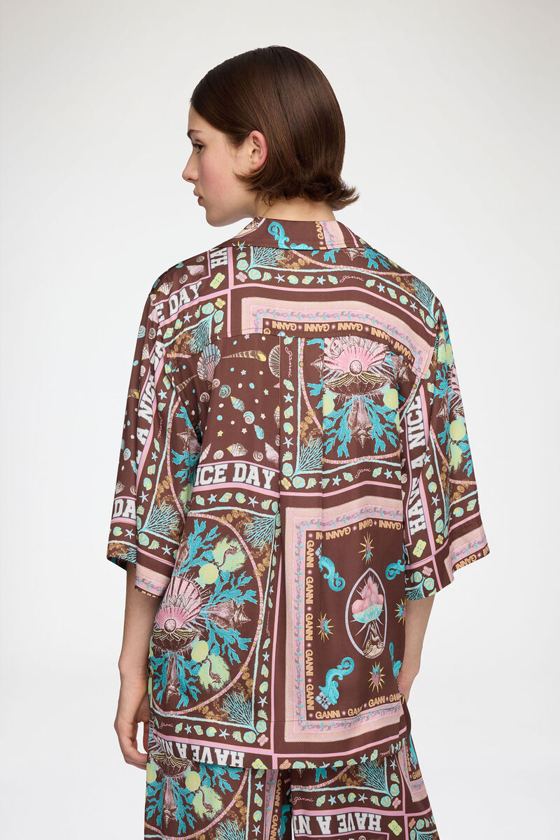 プリンテッドツイル シャツ, Viscose, in colour Chicory Coffee - 3 - GANNI
