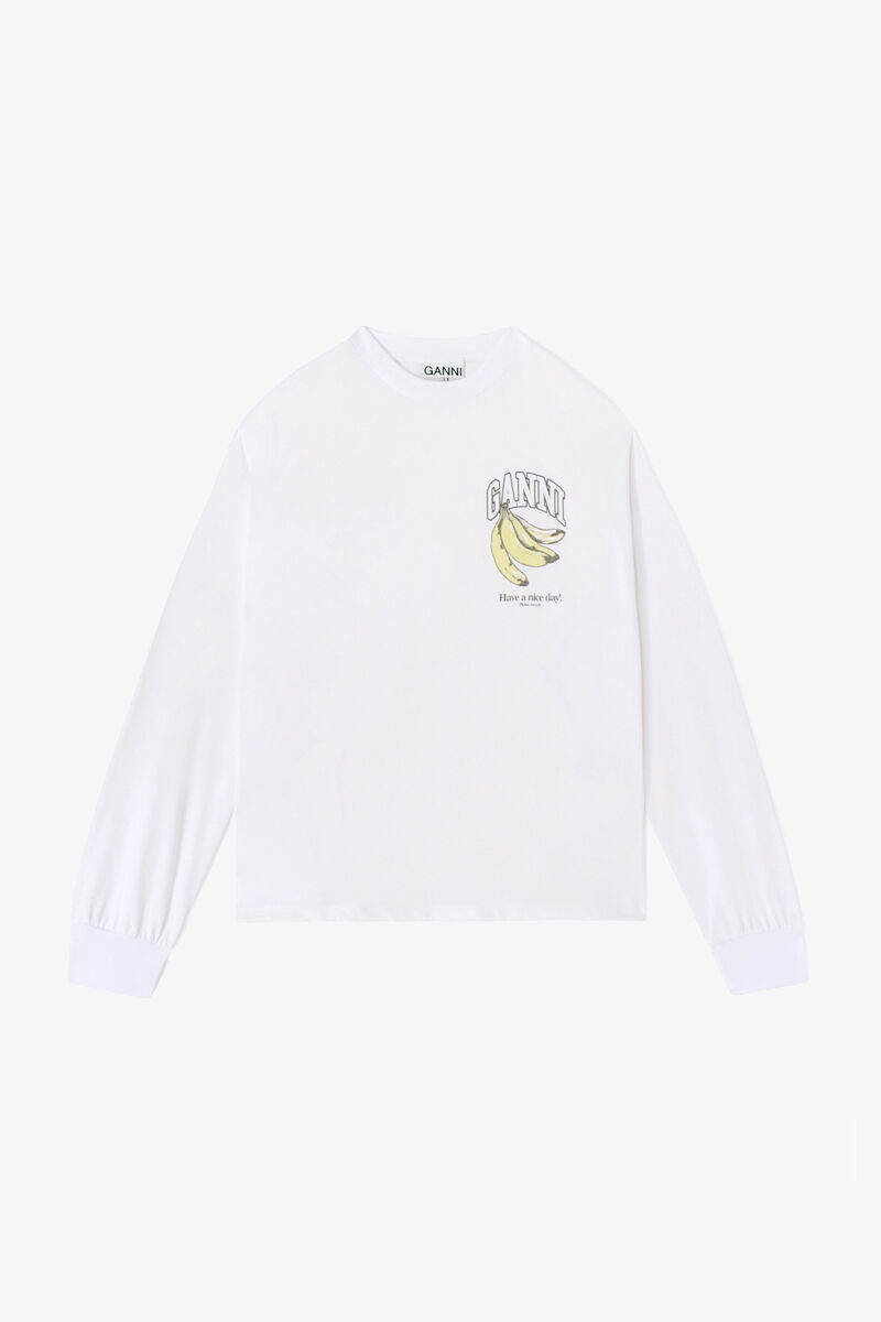 Lang&aelig;rmet T-shirt med frugtprint, Organic Cotton, in colour Bright White - 1 - GANNI