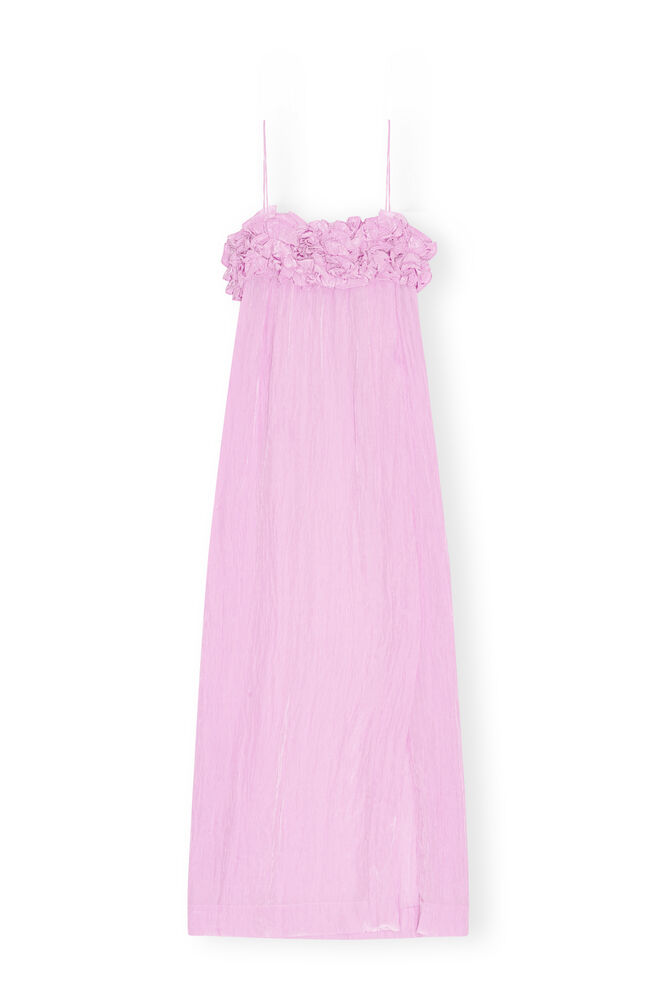 GANNI Pink Shiny Tech Strap Midi Dress,Lilac Sachet
