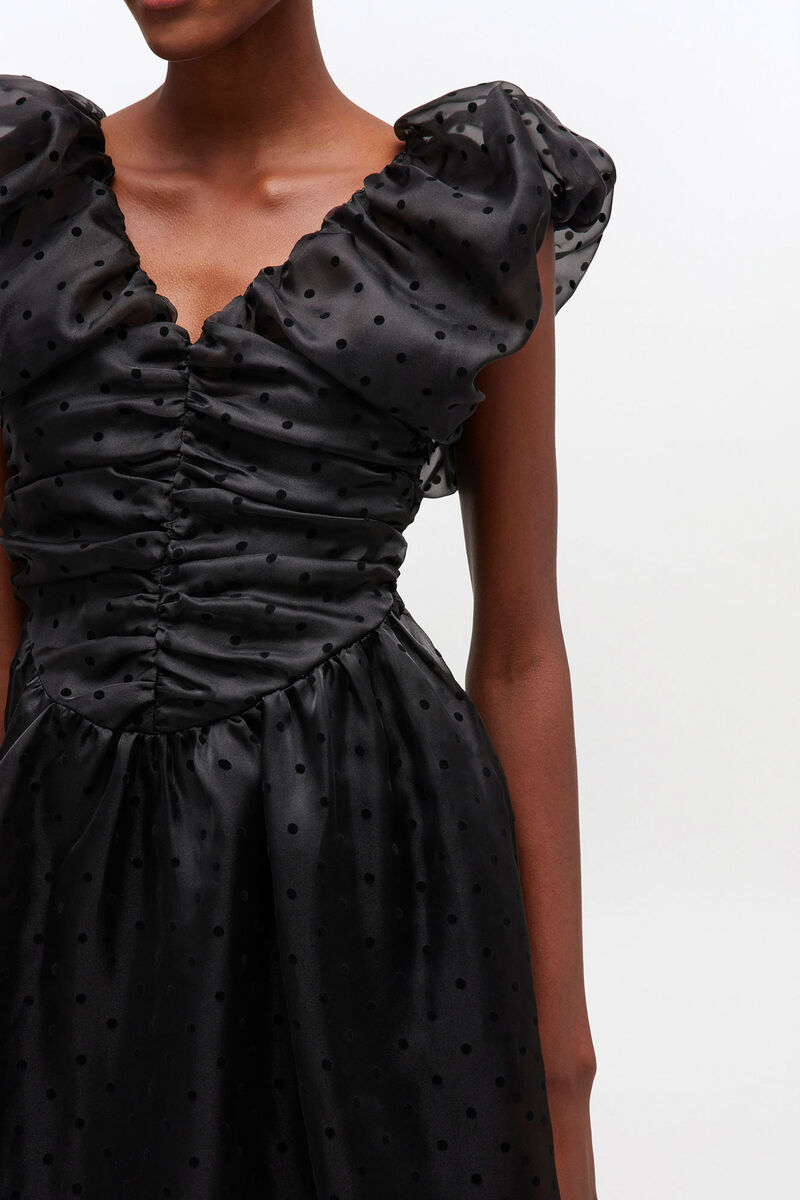 Black Organza Ruched Dress, Recycled Polyester, in colour Black - 3 - GANNI