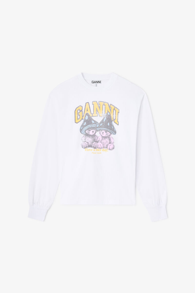 Long-sleeve T-shirt with Mushroom Teddy, Organic Cotton, in colour Bright White - 1 - GANNI