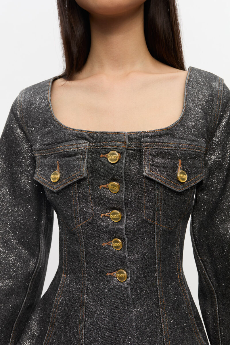 Shimmery Foil Denim Blazer, Cotton, in colour Washed Black/Black - 3 - GANNI