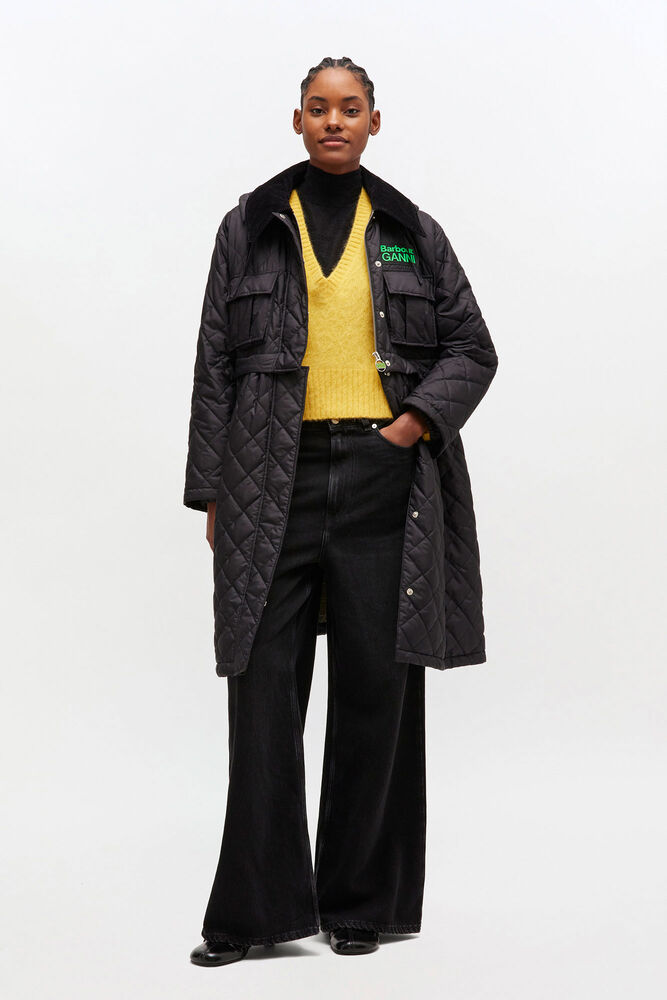 Quilted Long Coat in Black, Black