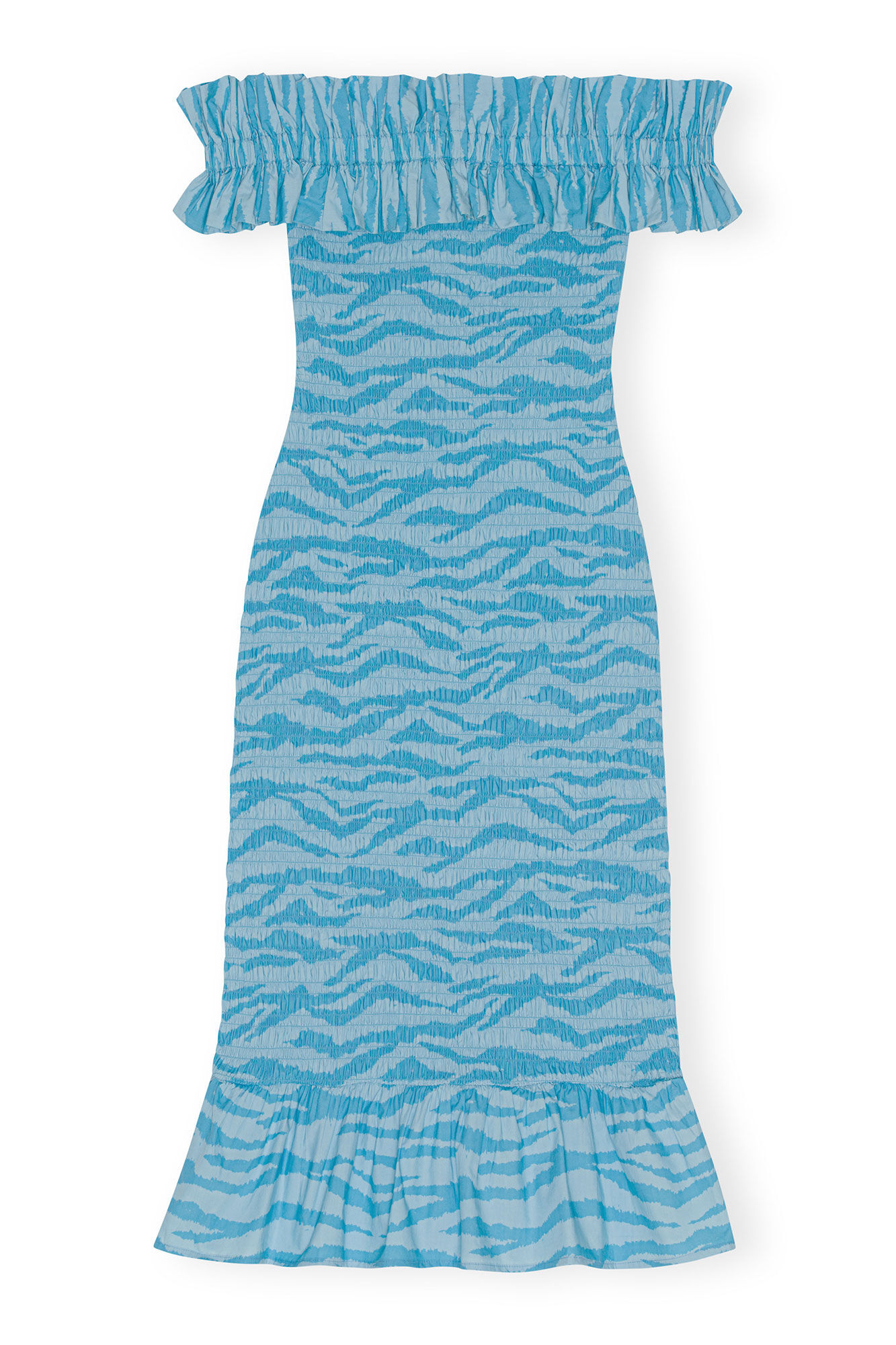 Printed Cotton Off-shoulder Smock Midikjole, Cotton, in colour Ethereal Blue - 2 - GANNI