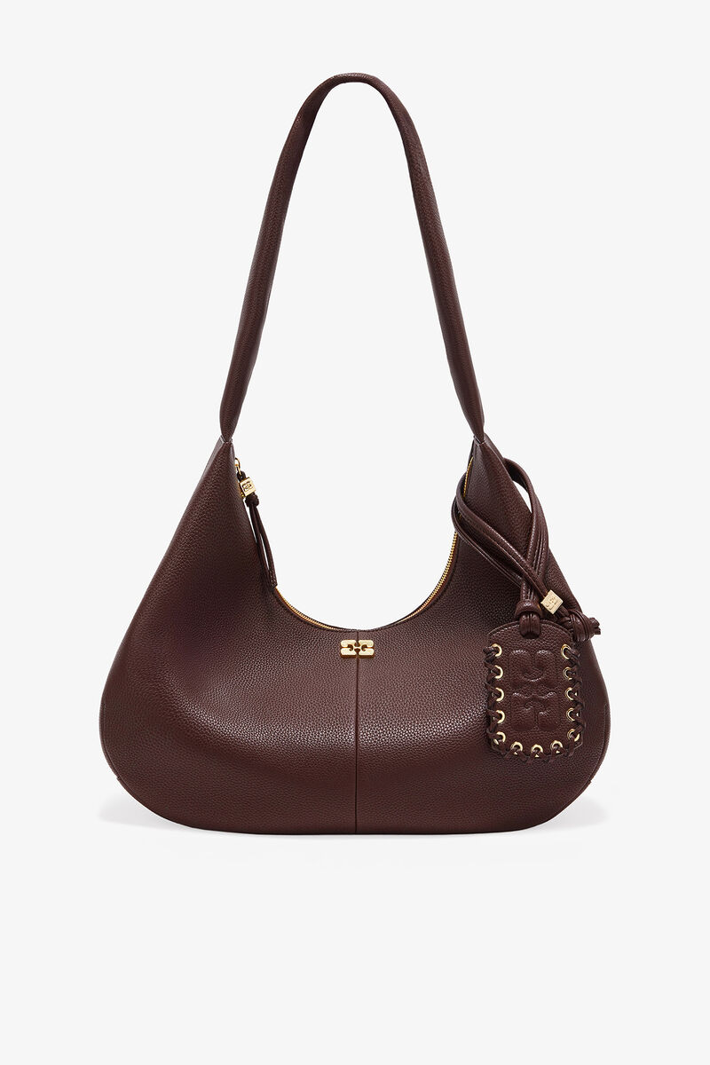 Brown Grained Medium Hobo Bag, Recycled Polyester, in colour Chicory Coffee - 1 - GANNI