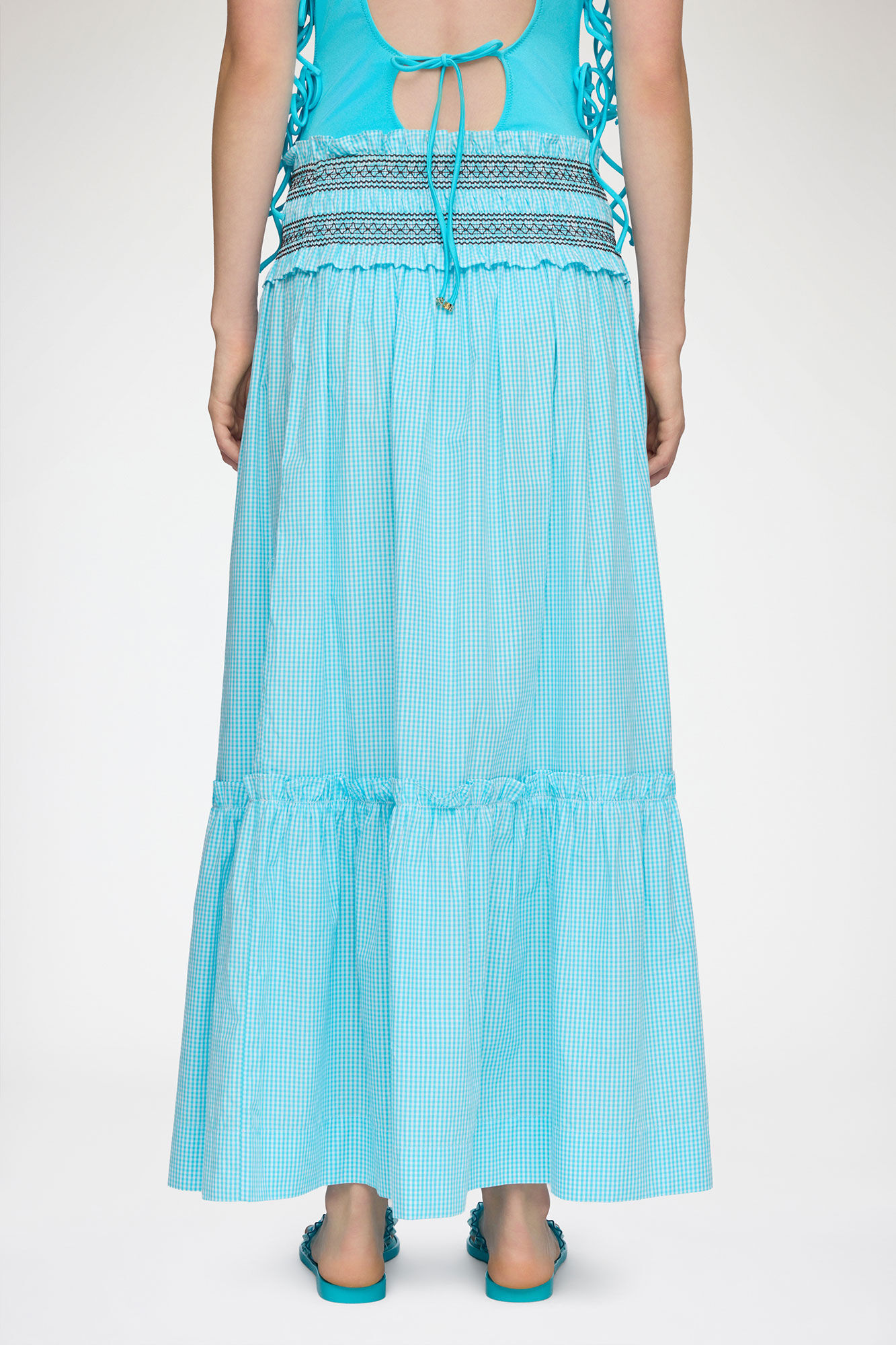 Skirt in Blue Check, Organic Cotton, in colour Blue Curacao - 3 - GANNI