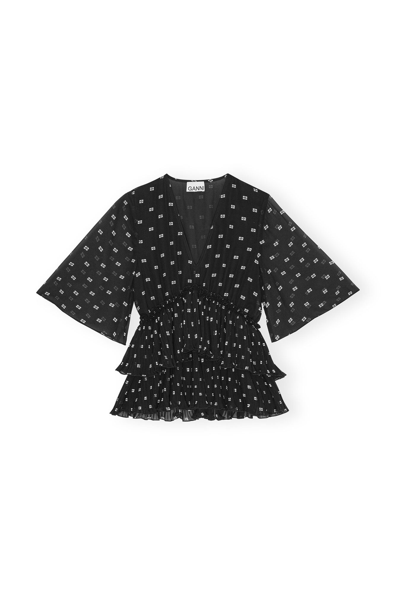 Black Pleated Georgette V-neck Flæsebluse, Recycled Polyester, in colour Black - 1 - GANNI
