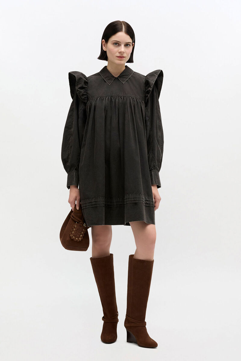 Black Washed Mini Shirt Dress, Organic Cotton, in colour Black - 1 - GANNI