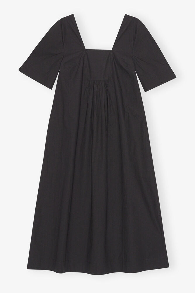 Cotton Poplin Open-neck Maxi Dress, Black