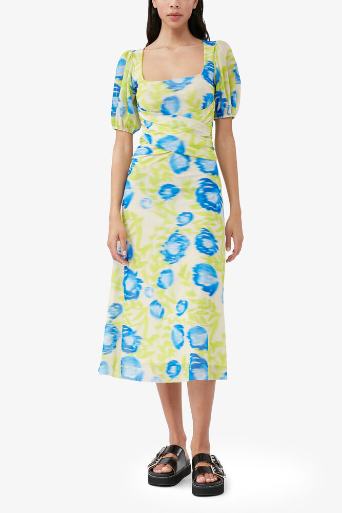 Printed Mesh Puff Sleeve Midi Dress, Strong Blue