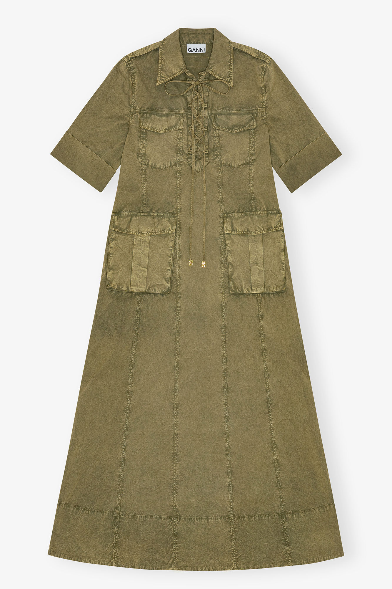 Green Washed Cotton Dress, Elastane, in colour Boa - 1 - GANNI