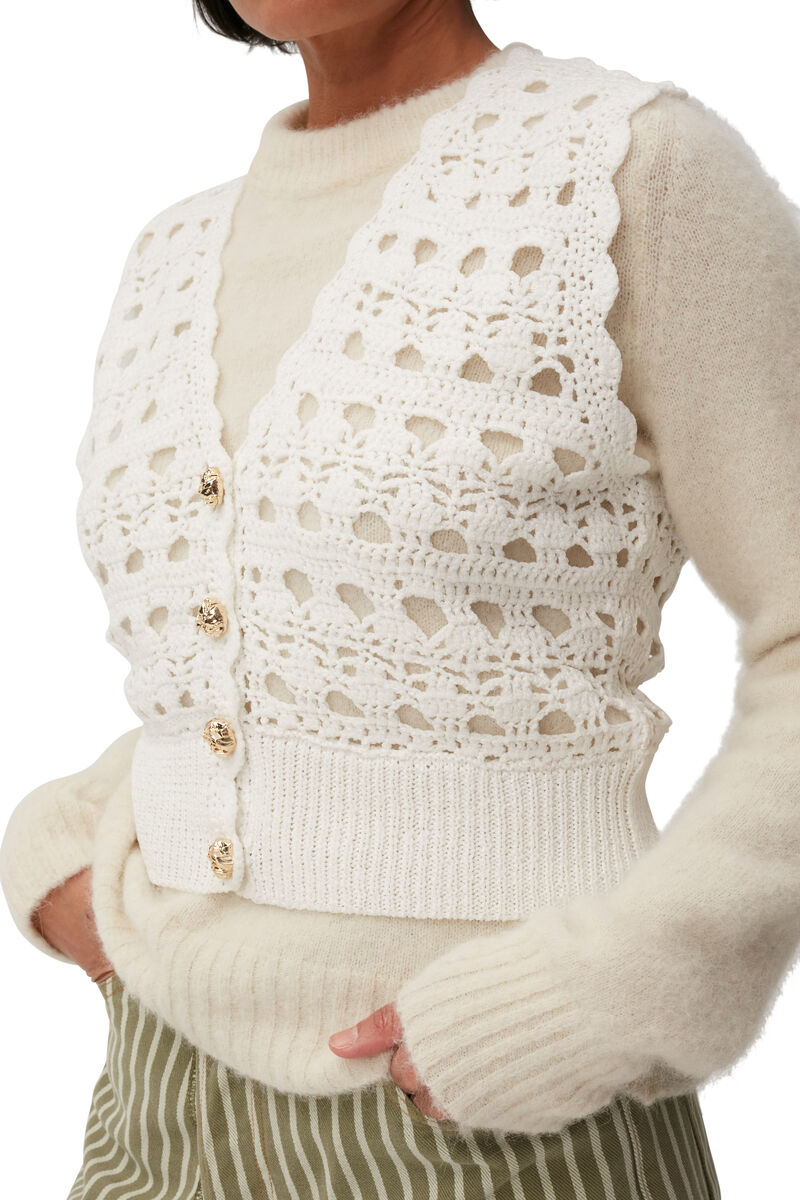 Crochet V-neck Vest, Nylon, in colour Egret - 8 - GANNI