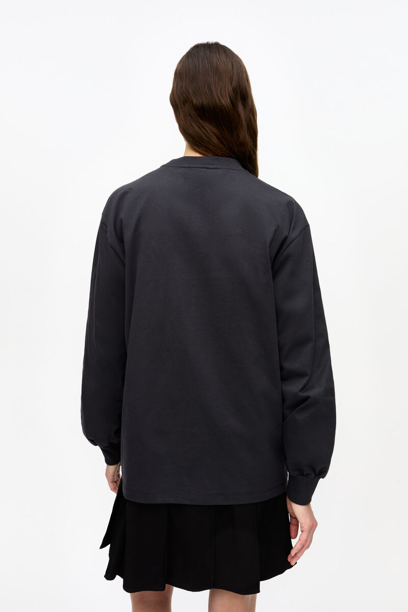 Black Basic Cotton Teddy Long Sleeve T-shirt, Cotton, in colour Phantom - 3 - GANNI