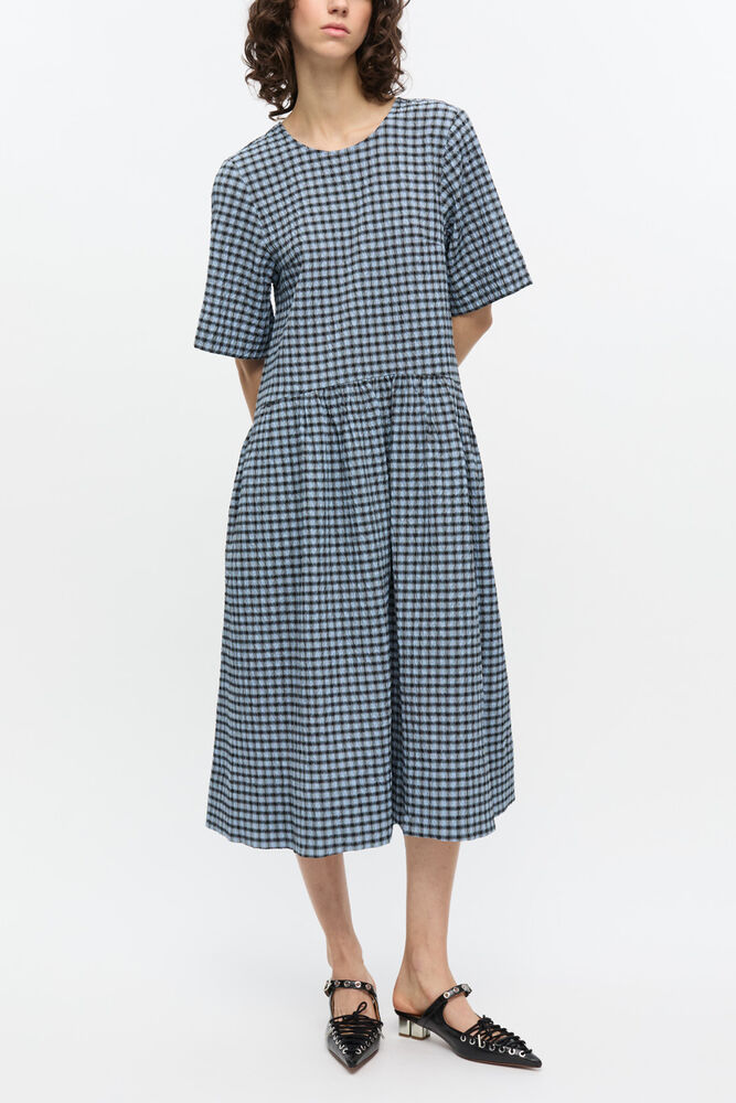 Blue Seersucker Check Midi Dress, Soft Chambray