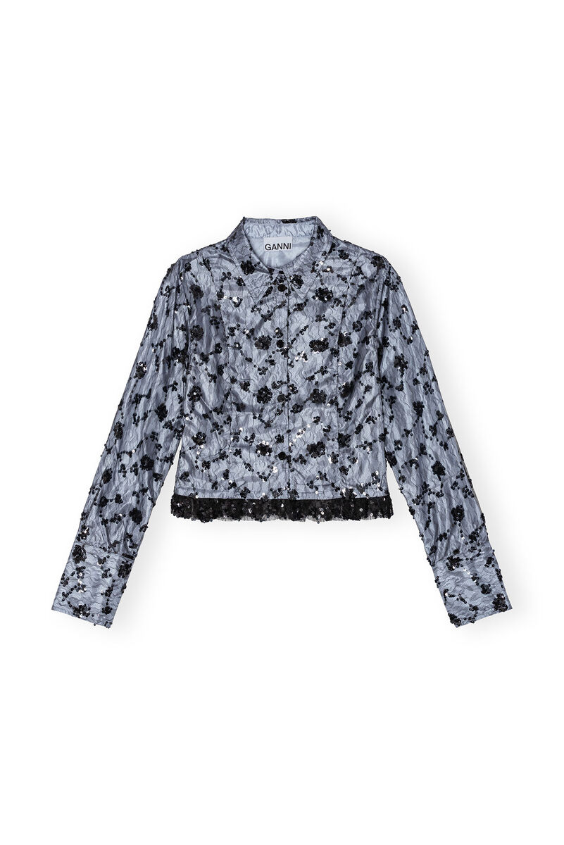 Blue Sequin Lace Cropped Shirt, Recycled Polyester, in colour Heather - 1 - GANNI