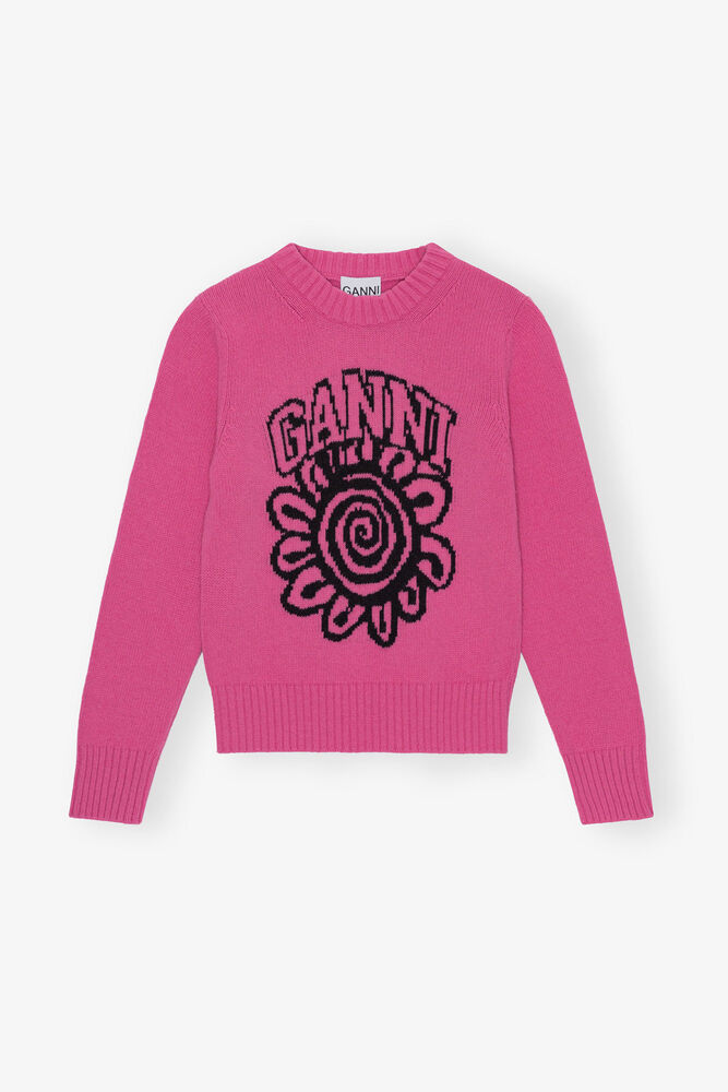 Pink Flower Graphic O-neck Pullover, Cone Flower