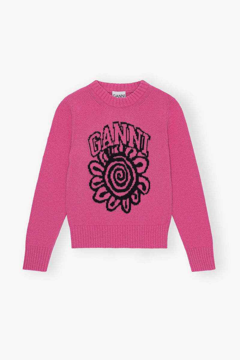 Pink Flower Graphic O-neck Pullover, Wool, in colour Cone Flower - 1 - GANNI