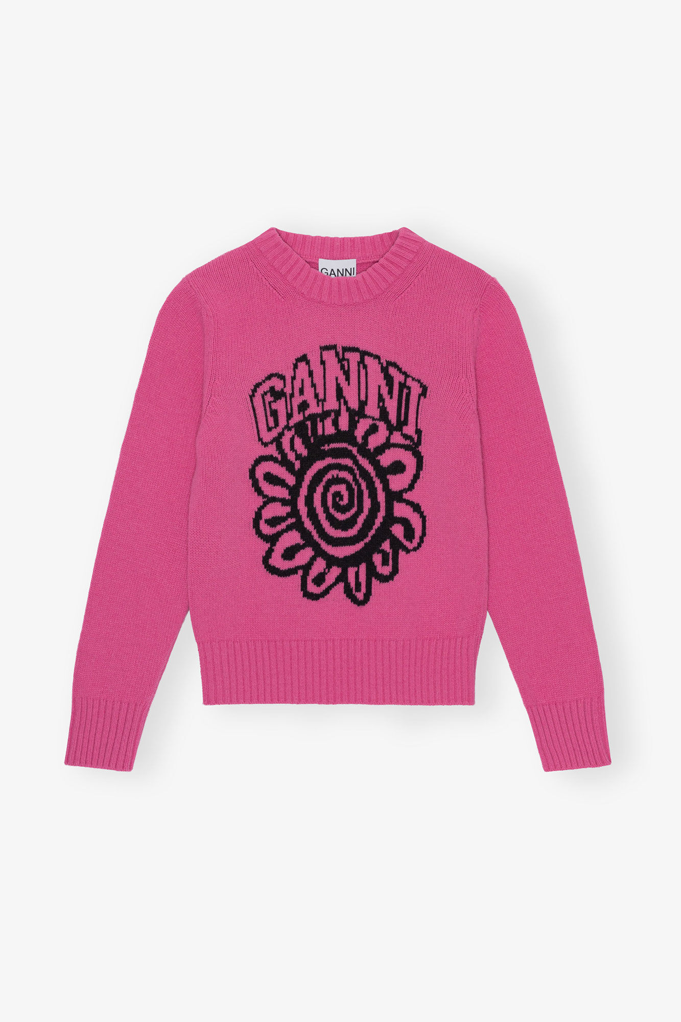 Pink Flower Graphic O-neck Pullover, Wool, in colour Cone Flower - 1 - GANNI