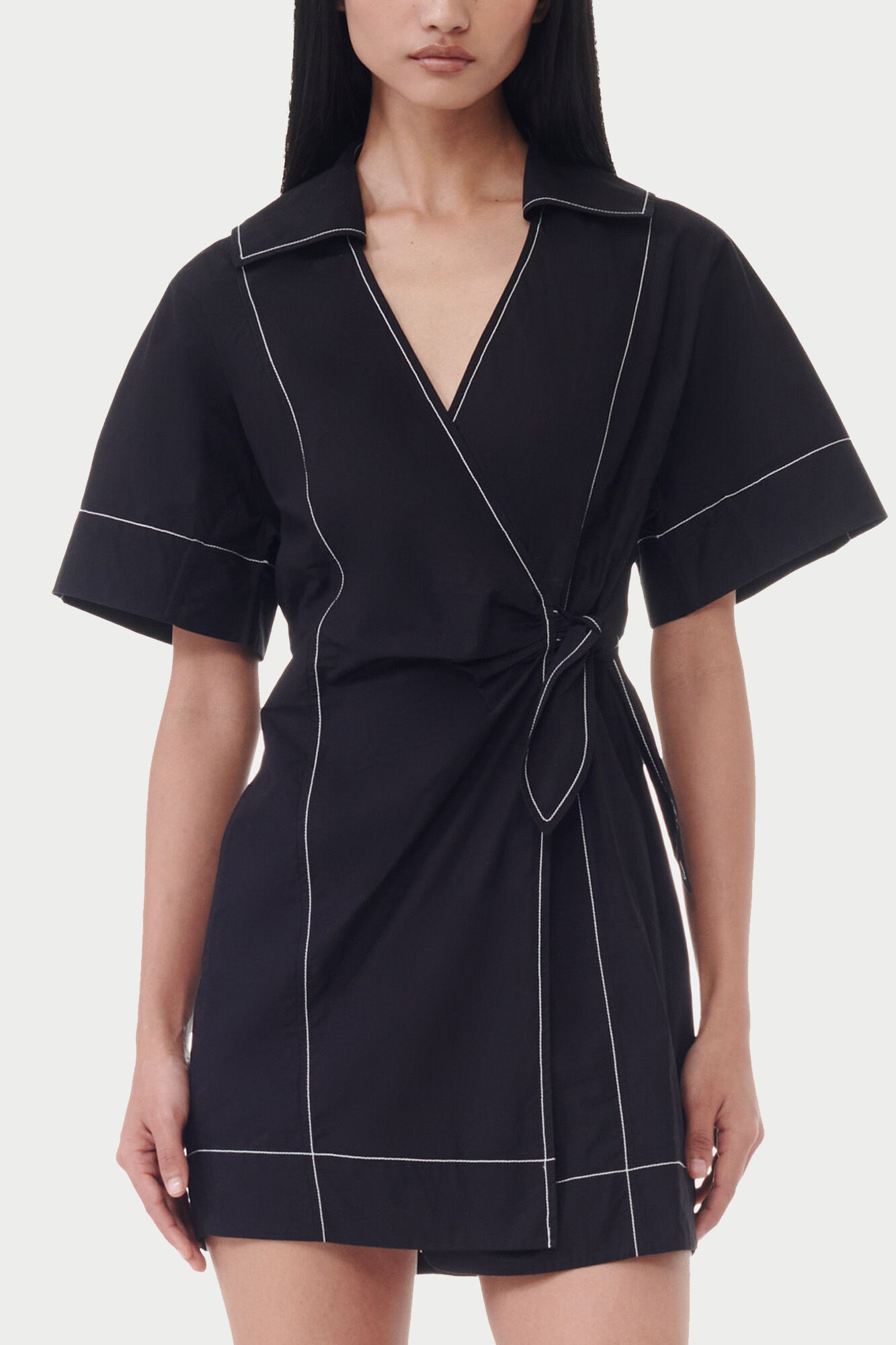 Black Cotton Poplin Wrap Mini Dress, Organic Cotton, in colour Black - 2 - GANNI