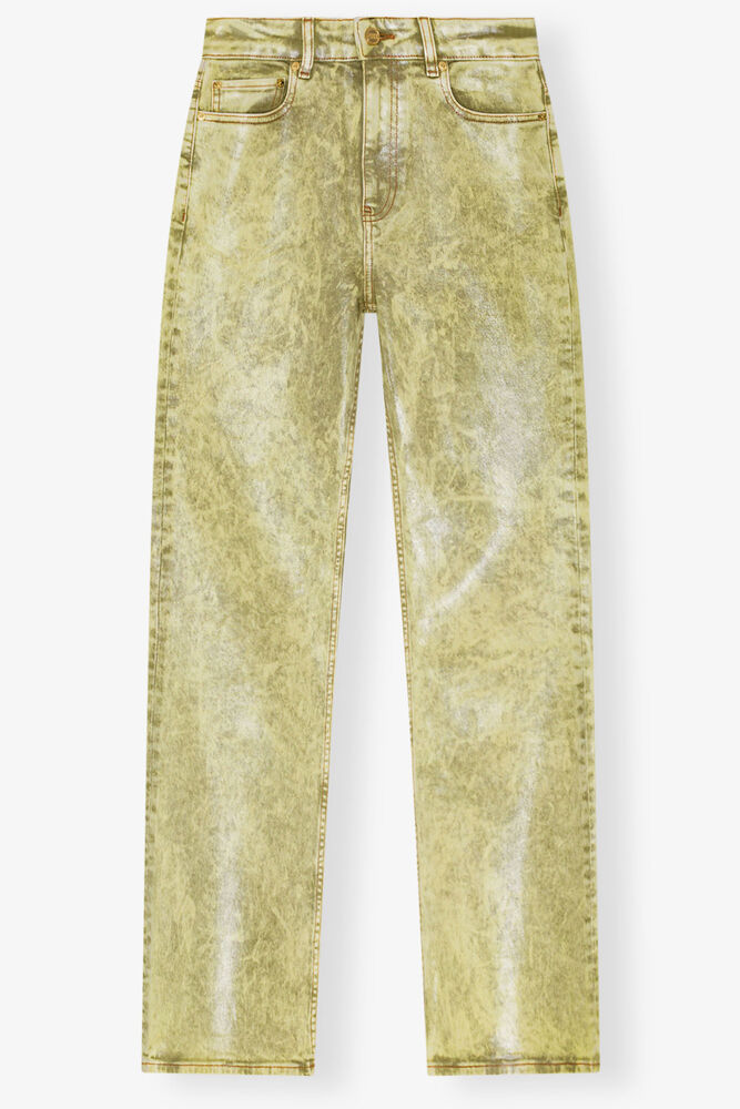 Grüne überfärbte Jeans aus Folienstoff, Golden Cypress