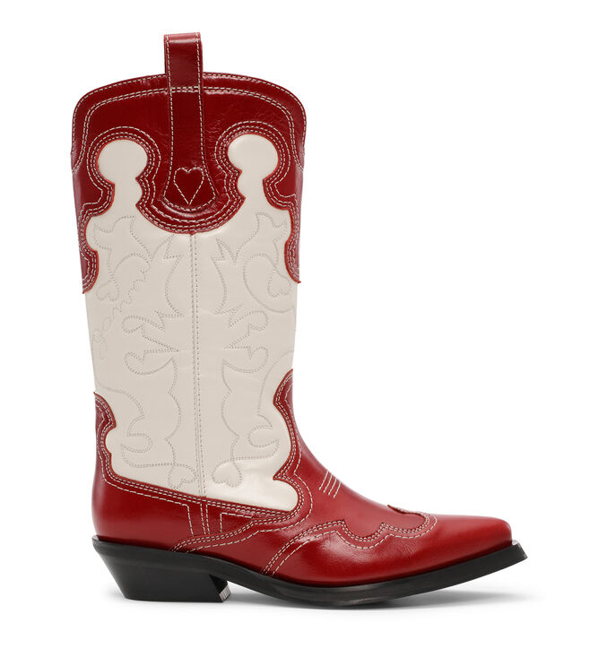 Ganni Red/White Mid Shaft Embroidered Western Boots