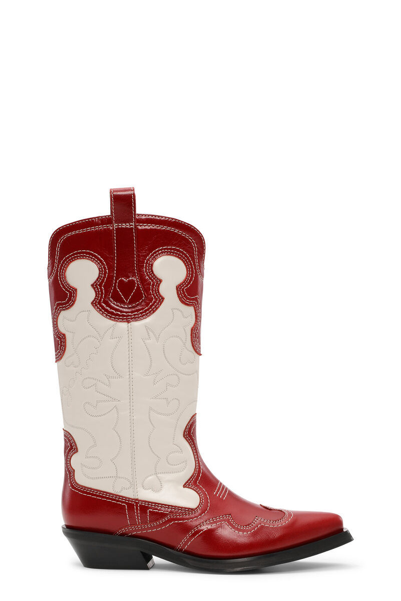 Red/White Mid Shaft Embroidered Western Boots, Calf Leather, in colour Barbados Cherry - 1 - GANNI