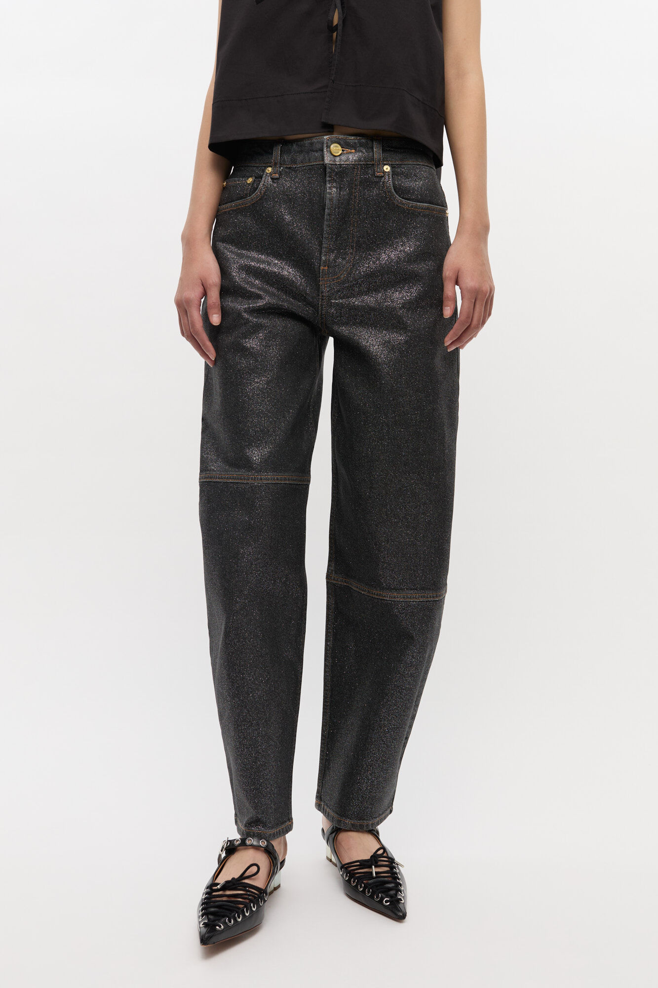 Jean Stary métallisé scintillant, Cotton, in colour Washed Black/Black - 2 - GANNI