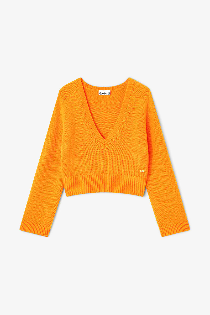 Orange V-neck Jumper, Cashmere, in colour Orange Tiger - 1 - GANNI