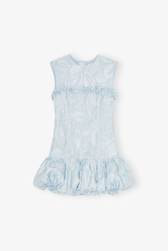 Blue Textured Cloque Corset Mini Dress, Soft Chambray