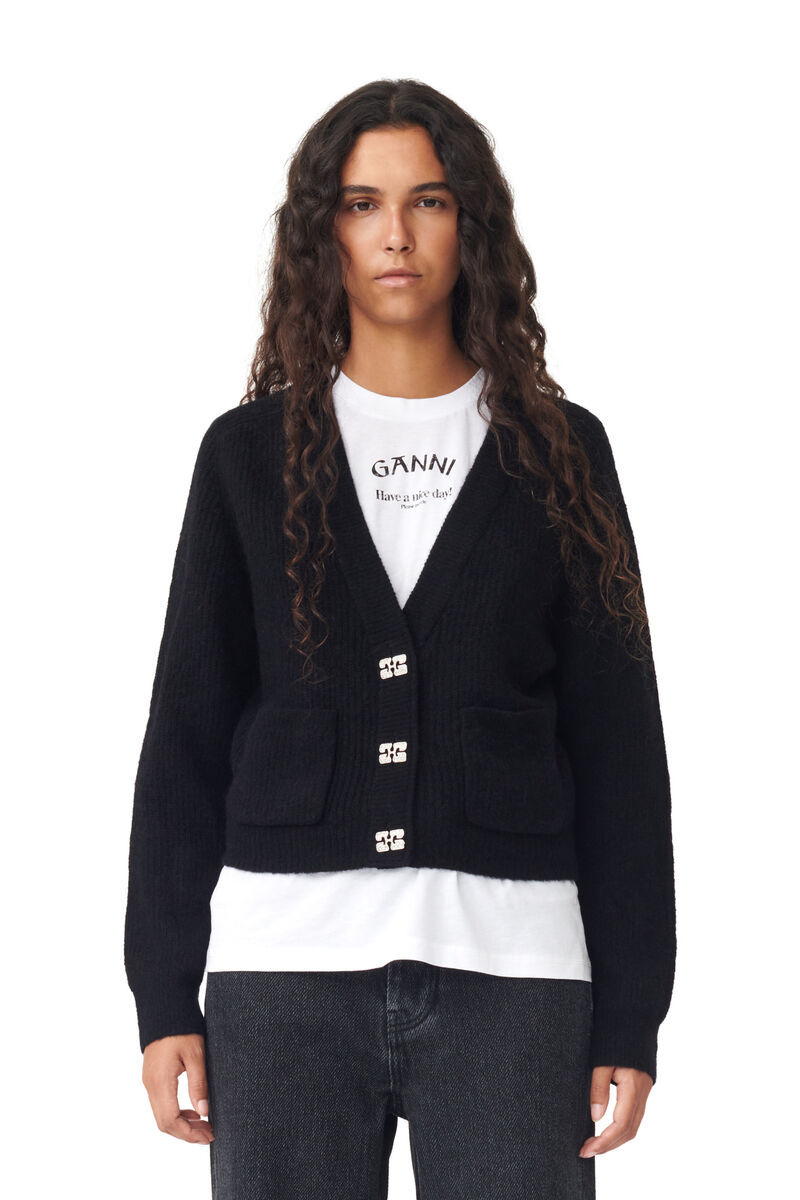 Black Soft Wool Cardigan, Alpaca, in colour Black - 1 - GANNI