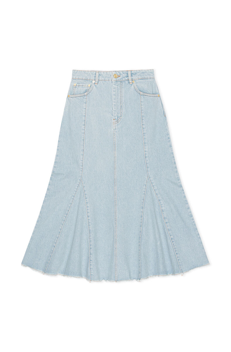 Bleach Denim Peplum Midi Skirt, Cotton, in colour Light Blue Stone - 1 - GANNI