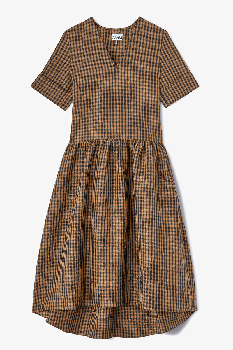 Crinkled Check Long Dress, in colour Tobacco Brown - 1 - GANNI