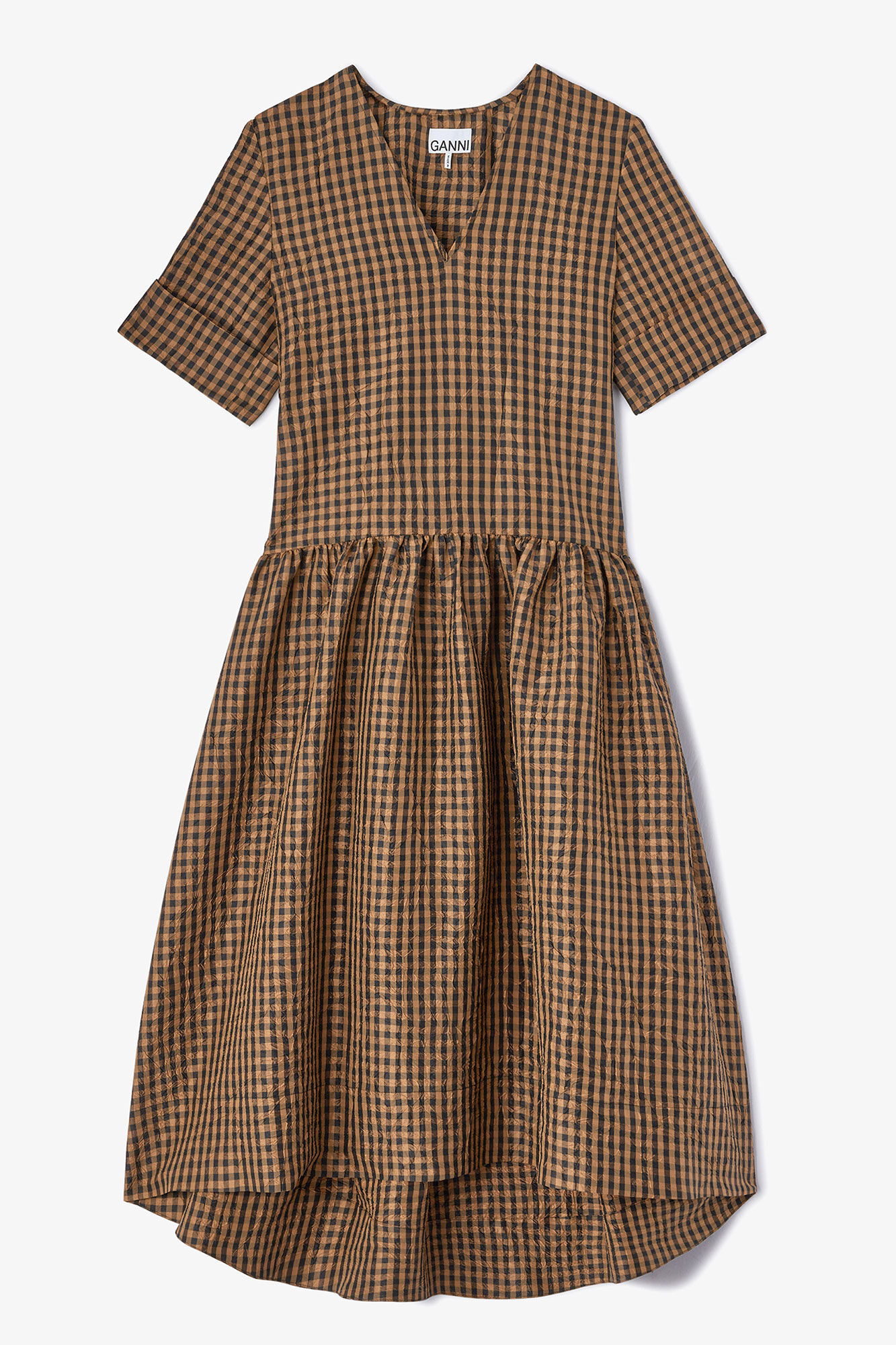 Crinkled Check Long Dress, in colour Tobacco Brown - 1 - GANNI