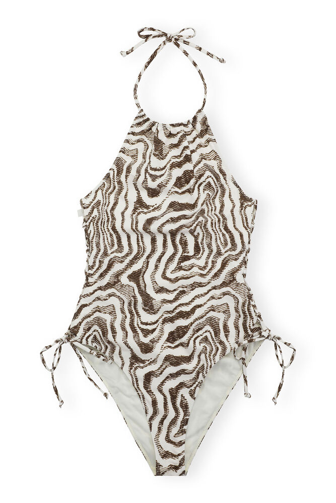 Recycled Printed Tieband Swimsuit, Egret