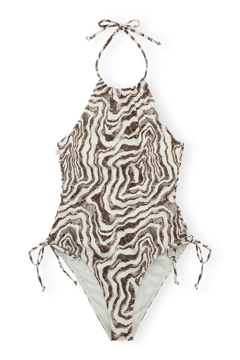 Recycled Printed Tieband Swimsuit, Elastane, in colour Egret - 1 - GANNI