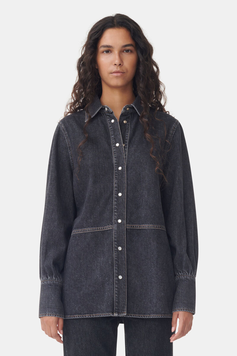 CIRCULOSE® Future Black Denim Shirt, Organic Cotton, in colour Washed Black/Black - 1 - GANNI
