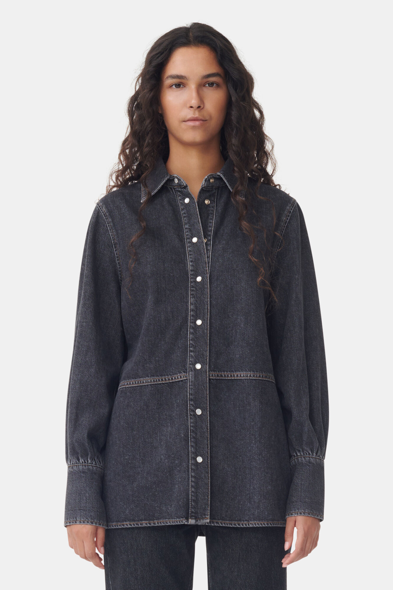 CIRCULOSE® Future Black Denim Shirt, Organic Cotton, in colour Washed Black/Black - 1 - GANNI