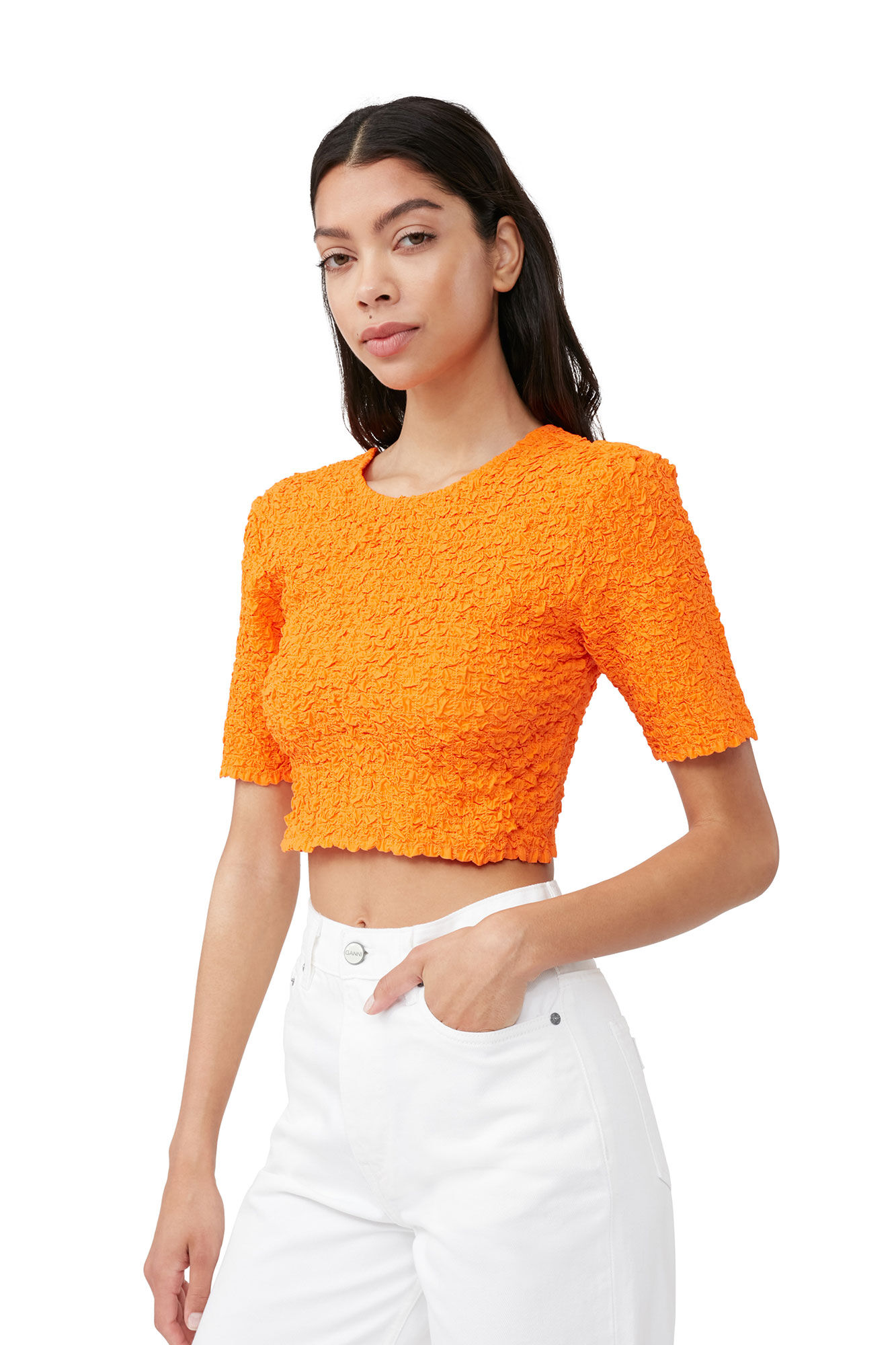 Orange Cotton Poplin Cropped Smock Top, Cotton, in colour Vibrant Orange - 1 - GANNI