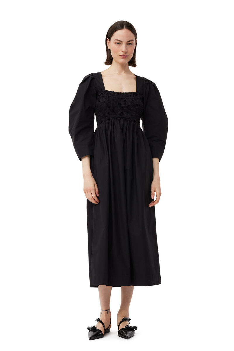 Black Cotton Poplin Open-neck Smock Long Dress, Cotton, in colour Black - 1 - GANNI