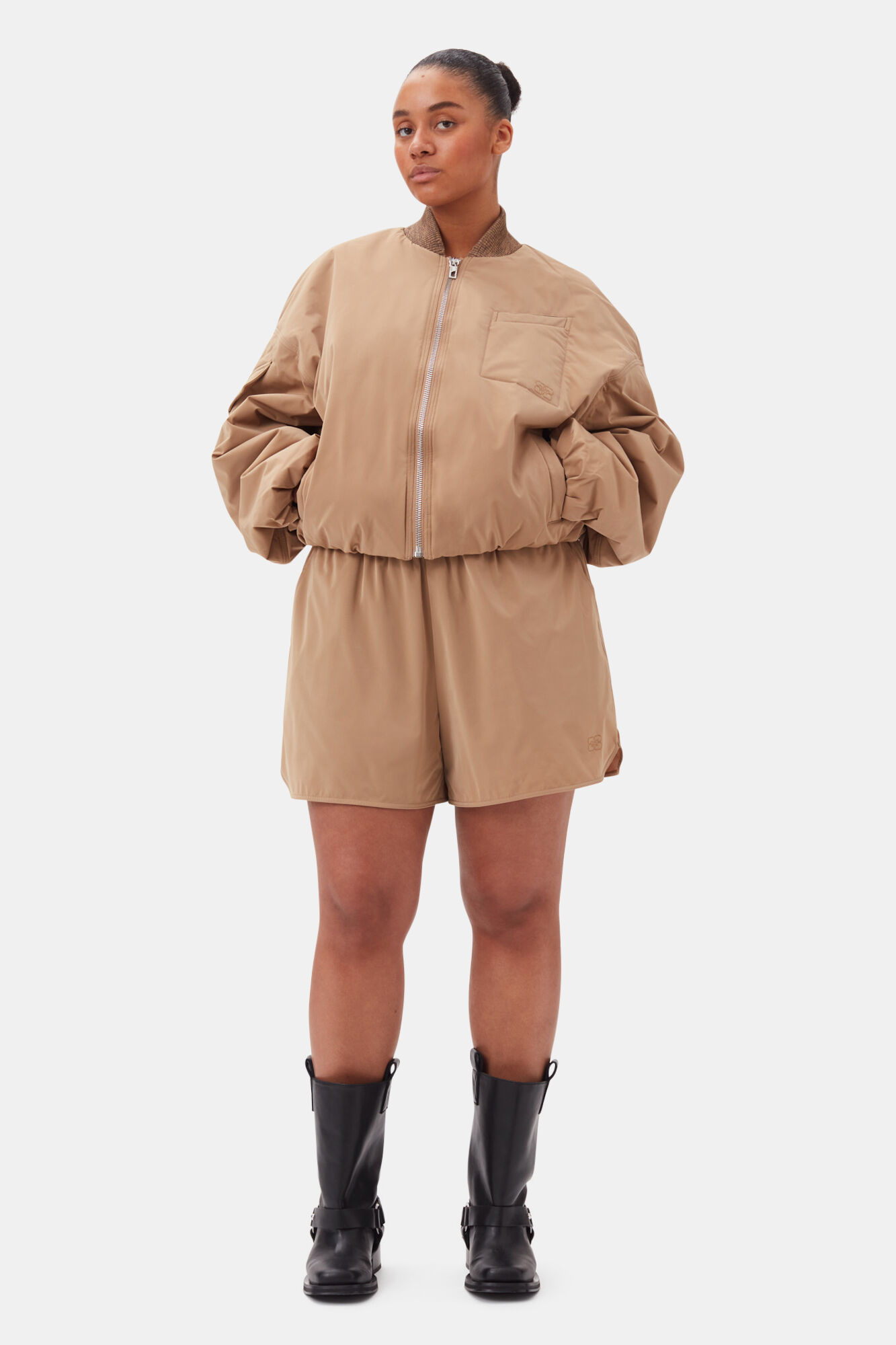 Brown Light Twill Oversized Short Bomberjakke, Recycled Polyester, in colour Tiger's Eye - 6 - GANNI