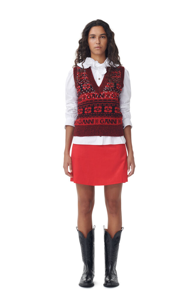 GANNI Red Shiny Corduroy Mini Skirt,High Risk Red