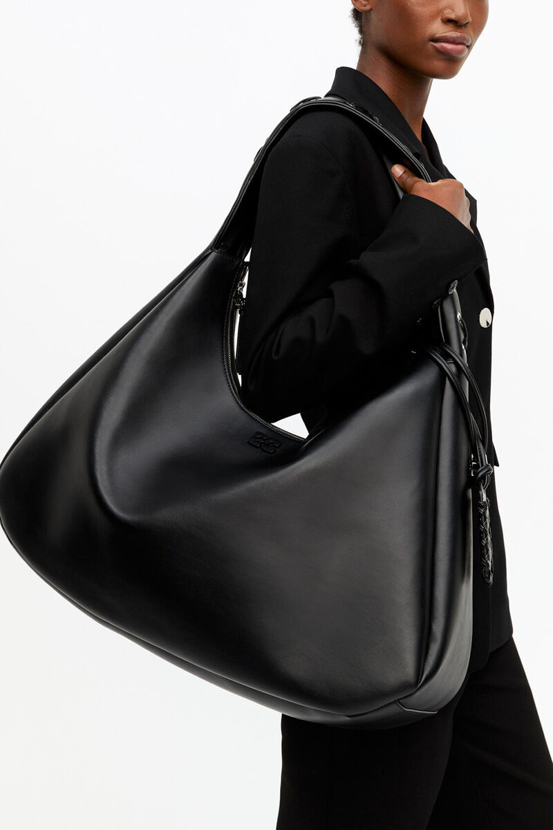 Black XXL Hobo Bag, Recycled Leather, in colour Black - 3 - GANNI
