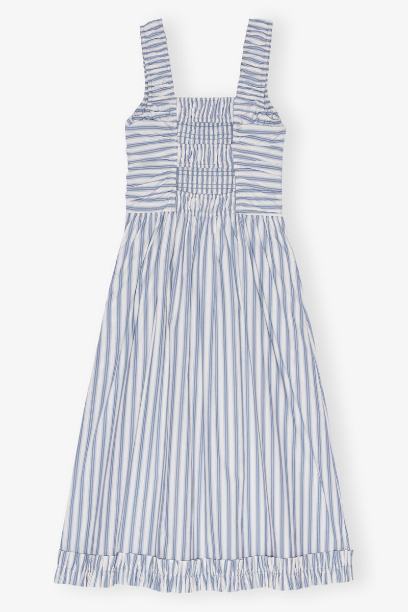Blue Stripe Cotton Midi Strap Smock Dress, Cotton, in colour Egret - 2 - GANNI