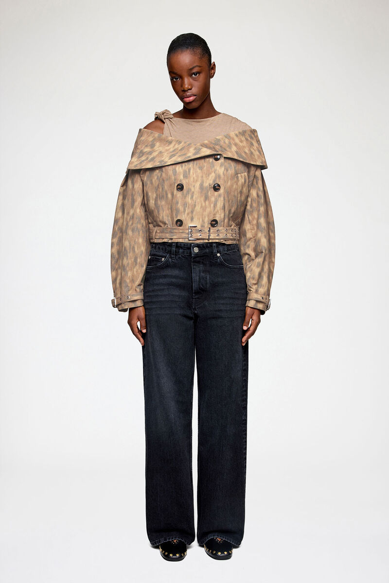 Jacket in Printed Cotton, Elastane, in colour Burro - 1 - GANNI