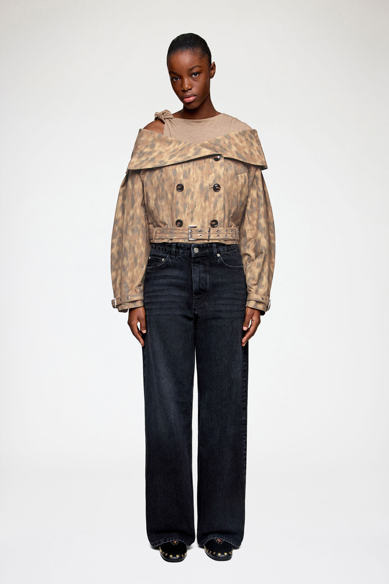 Jacket in Printed Cotton, Elastane, in colour Burro - 1 - GANNI