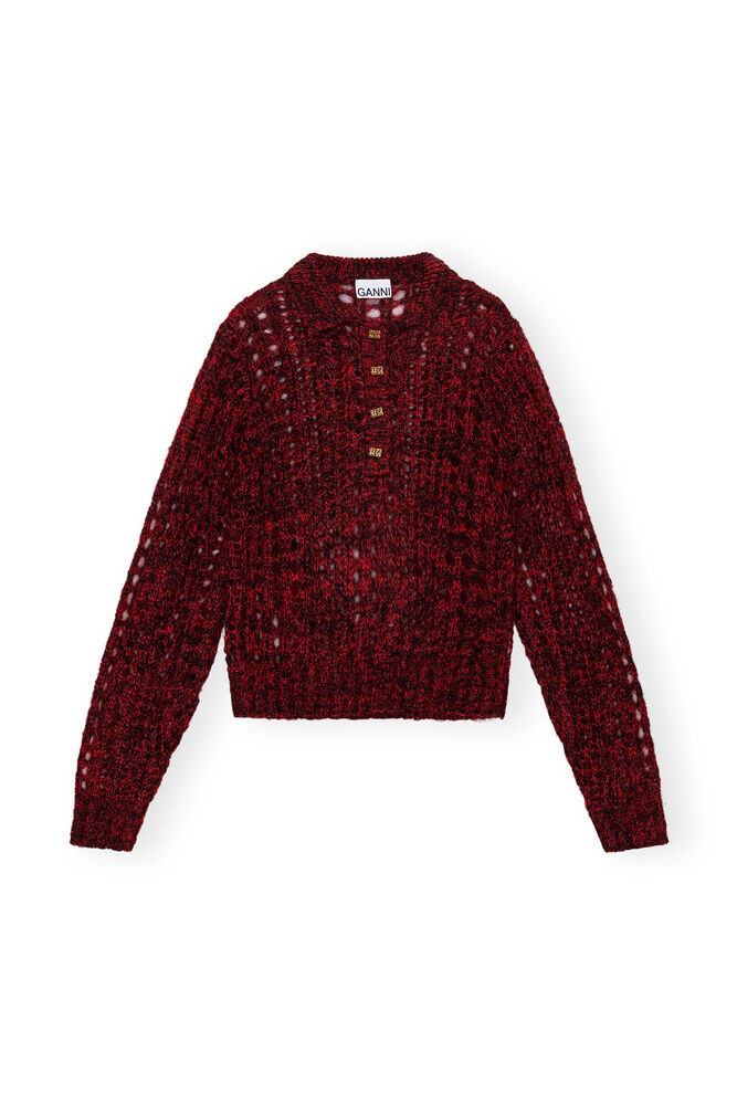 Red Mohair Lace Polo Sweater