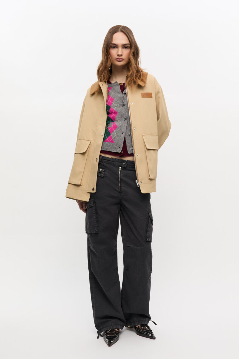 Camel Twill Midi Jacket, Recycled Polyester, in colour Pale Khaki - 2 - GANNI