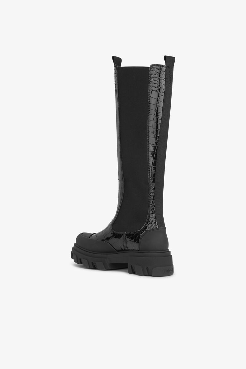 Black Patent Croco High Boots, Polyester, in colour Black - 3 - GANNI