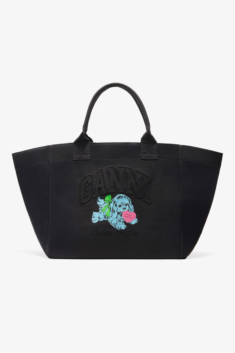 Black Puppy XXL Tote, Recycled Cotton, in colour Phantom - 1 - GANNI